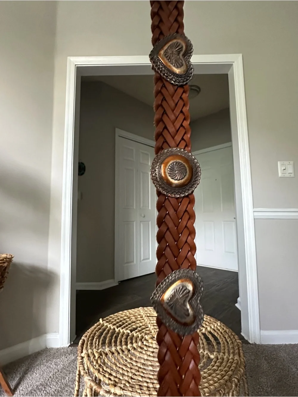 Brighton Braided Leather Belt with Heart Conchos in Chestnut Brown and Silver